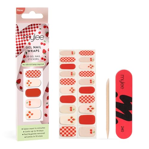 Mylee Gel Nail Wraps [Berries & Cream] – 10 Pre-Cured Gel Stickers for Instant Mani – No Lamp Needed, Chip-Resistant, Glossy Finish, Lasts Up to 1