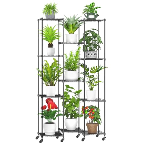 Abimars 74'' Tall Plant Stand with Wheels, Shelf Height Adjustable Metal Plant Shelf for 11 Potted Plants, DIY Assembly Indoor & Outdoor Plant Display