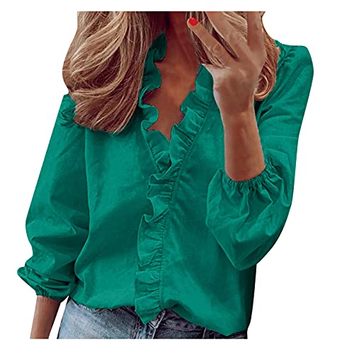 pbnbp Women's Casual Loose Fit Shirts Ruffle Solid Color V Neck Tops Puff Sleeve Daily Long Sleeve Summer Fall Blouse Blusas Large A01_green