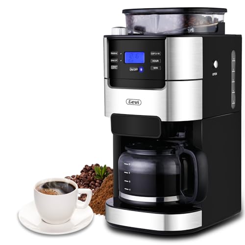 Gevi 10-Cup Coffee Maker with Built-in Burr Grinder, Programmable Timer, 1.5L Water Tank, Reusable Filter & Warming Plate – Drip Coffee Machine for