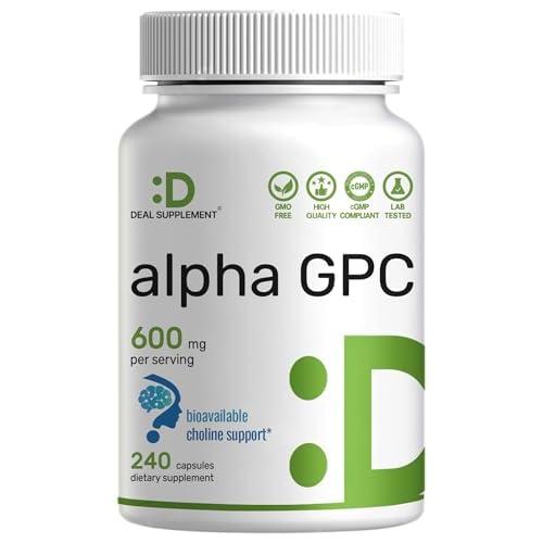 Alpha GPC 600mg Per Serving, 240 Capsules – Bioavailable Choline Replenishment –Nootropic Brain Health Supplements for Memory and Focus – Non-GM