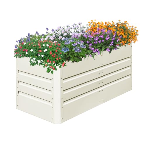 SnugNiture 4x2x2FT Raised Garden Bed Galvanized Planter Garden Boxes Outdoor, Deep Root Planter Raised Bed for Vegetables Flowers Herbs,Beige White Wh