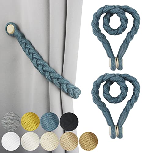 2 Pack Magnetic Soft Curtain Tiebacks Cotton Hand-Woven Tieback Holdback Home Decorative Tie Backs with Wooden Buckle for Home Office Decor (Blue, 2)