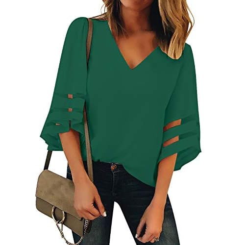 luvamia Women's Casual V Neck Blouse 3-4 Bell Sleeve Mesh Panel Shirts Loose Top Large B Evergreen