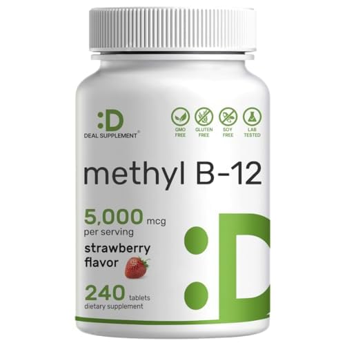 DEAL SUPPLEMENT Methyl B-12 Vitamins 5000 mcg, 240 Chewable Tablets | Active Form - Strawberry Flavored - Energy Support & Brain Health Function - Veg