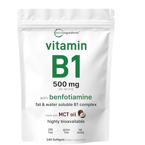 Vitamin B1 500mg with Benfotiamine & MCT Oil, 240 Softgels | Highly Bioavailable B Complex Vitamins | Full Spectrum Thiamine B1 Supplement for Energy