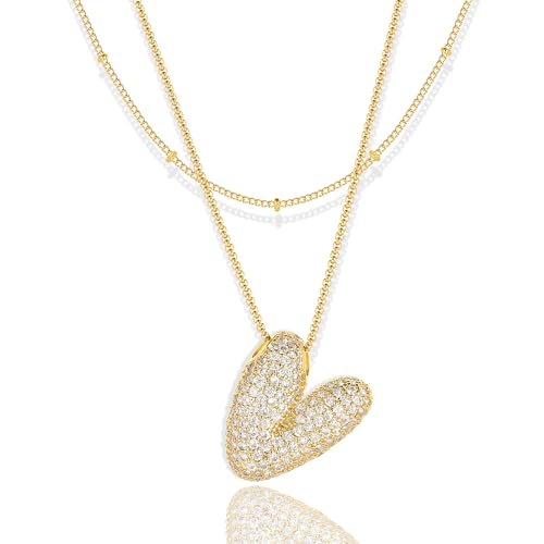 Bubble Letter Necklace Gold for Women，Layered Plated Initial Pendant Puffy Zircon Name Personalized Necklaces Fashion Jewelry for Gifts Letter V