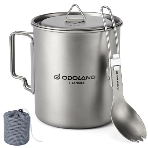 Odoland Titanium Pot 750ml Ultralight Portable Titanium Water Mug, Camping Coffee Cup with Lid and Spork for Camping, Hiking, Traveling and Backpackin