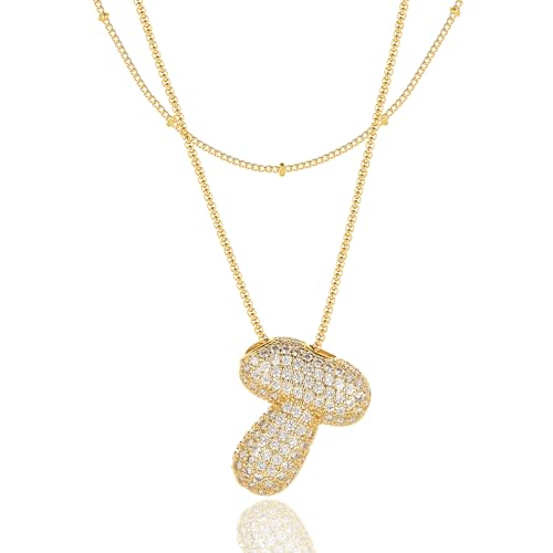 Bubble Letter Necklace Gold for Women，Layered Plated Initial Pendant Puffy Zircon Name Personalized Necklaces Fashion Jewelry for Gifts Letter T