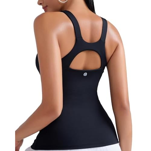 RUNNING GIRL Workout Tank Tops for Women Built in Shelf Bras Padded,Sleeveless Gym Tops Athletic Yoga Shirts Black Medium