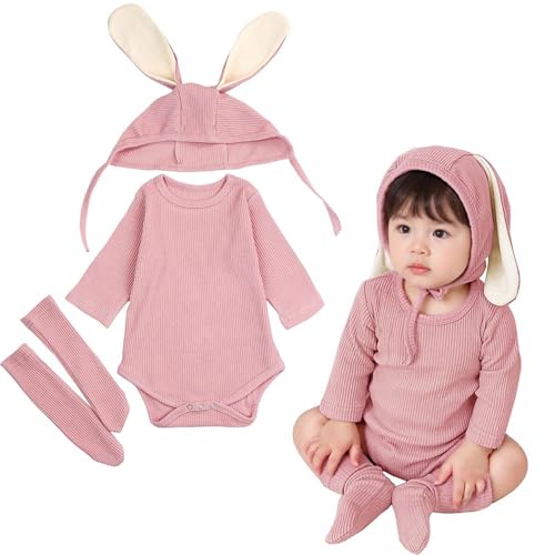 ROYLAMP Rompers My 1st Bunny Outfit Baby Jumpsuit Infant sleeveless Cute Kids Bodysuit With Hat 6-12 Months B-pink-1
