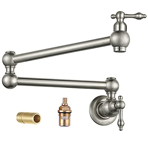 WOWOW Pot Filler Faucet - Wall Mount Brass Double Handles Kitchen Commercial Folding Faucet Restaurant Copper Brushed Nickel Double Joint Swing Arm