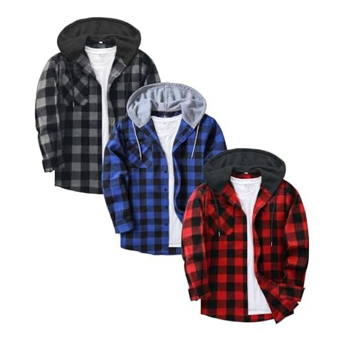ZITY 3 Pack Men's Flannel Hoodie Shirts Long Sleeve Casual Vintage Button Down Plaid Shirt Jacket with Pocket Blackred Blue Blackgrey XX-Large