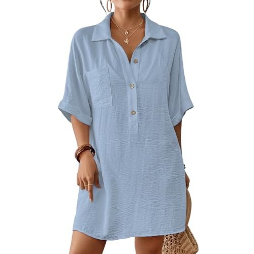 Bsubseach Cover Ups for Swimwear Women Short Sleeve Beach Swimsuit Coverup Loose Shirt Dress 2025 Vacation Outfits Blue Medium