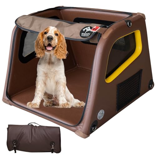 Collapsible Portable Soft Dog Crate-HIGHPI Inflatable Travel Crate for Medium Dogs, Waterproof Dog Kennel Outdoor Indoor, Safety Foldable Cage for Car