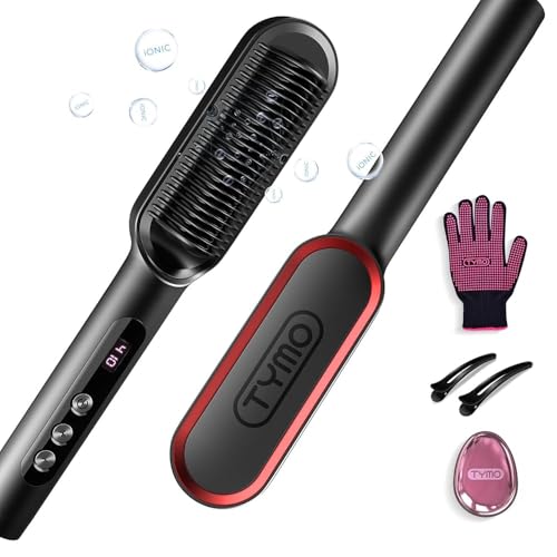 TYMO Ring Plus Ionic Hair Straightener Brush - Straightening Comb with Negative Ions for Women, Titanium Coating, 9 Temp Settings & LED Display, Dual