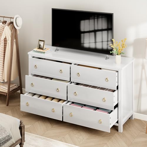 Garvee 6 Dresser for Bedroom, 47.2" Wide Dresser, Modern Wide Drawer Dresser with Storage, Wooden Closet Dressers Chest of Drawers Freestanding for Be