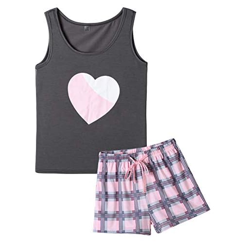 VENTELAN Women Pajamas Cute Tank and Shorts Set Soft PJS Sleepwear Loungewear X-Small Grey-pink Plaid