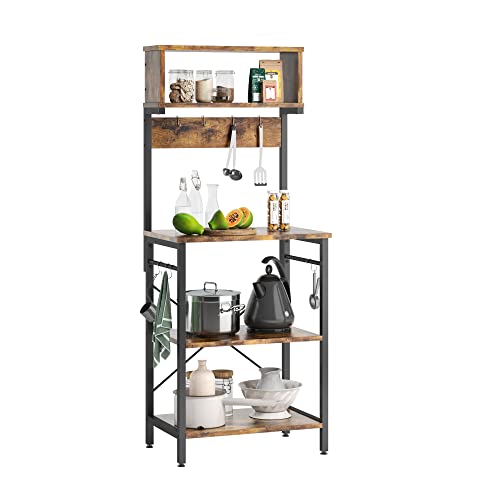 Bestier Kitchen Baker's Rack Microwave Oven Stand with Hutch 8 Side Hooks Coffee Station Utility Storage Shelf for Dining Room Living Room 60 Inch Rus
