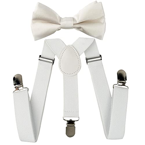 SEVENHEAD Child Kids Suspenders Bowtie Set Adjustable Elastic Y-Back Design with Strong Metal Clips for Boys and Girls White