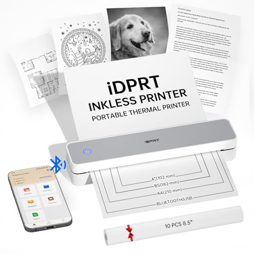 iDPRT Portable Printer, 300DPI Inkless Thermal Bluetooth Printer Wireless for Travel, Small Compact Printers for Home, Office, Vehicles, Support 8.5"