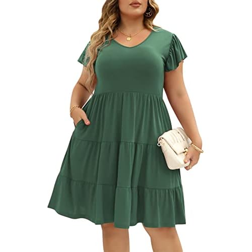 Celkuser Womens Plus Size Casual Summer Dresses Ruffle Sleeve Tiered Swing Midi Dress with Pockets 14 Plus Armygreen