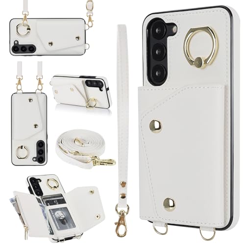 for Samsung Galaxy S23 Plus Luxury Zipper Wallet Case with Ring, Multi Card Holder Adjustable Crossbody Strap, Fashion Wallet Bag.(White) White Samsun