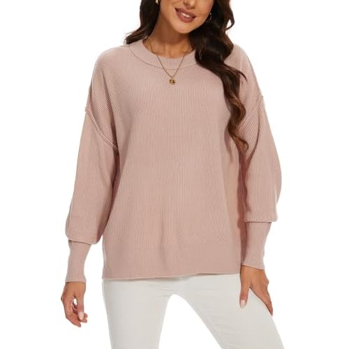 Women's Crewneck Long Sleeve Oversized Sweaters 2024 Fall Side Slit Ribbed Knit Pullover Sweater Tops Rosybrown Medium