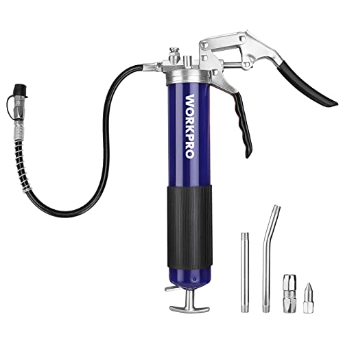 WORKPRO Grease Gun Kit, 6000PSI Heavy Duty Grease Gun with 18 inch Flexible Hose, 2 Fixed Tubes and 3 Nozzles, 14oz Load