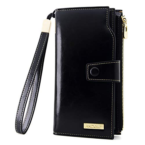 ANDOILT Women's RFID Blocking Large Capacity Luxury Wax Genuine Leather Clutch Wallet Card Holder Organizer Ladies Purse Black