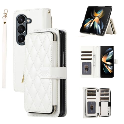 for Samsung Galaxy Z Fold 5 Zipper Wallet Case with Card Holder, 9 Card Slots Large Capacity and Multiple Style Lanyards.(White) White Samsung Galaxy