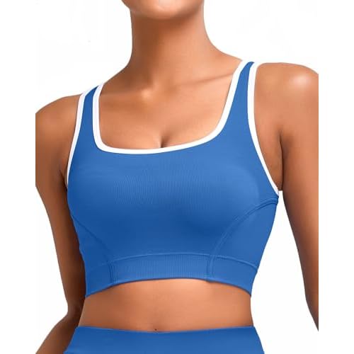 RUNNING GIRL Sports Bras for Women High Support,Seamless Ribbed Longline High Neck Sports Bra Racerback Padded Crop Top Yoga Small C-blue