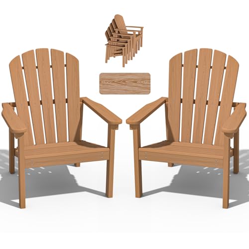 Stackable Adirondack Chair Set of 2, HDPE Outdoor Patio Chair - Durable and Space Saving, Suitable for Porches, Lawns or Garden, Teak Teak classic（2