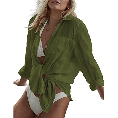 Bsubseach Women Long Sleeve Beach Shirt Blouses Bathing Suit Cover Up Button Down Collar G-dark Green