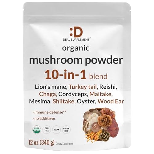 DEAL SUPPLEMENT Organic Mushroom Powder Supplement, 12oz – 10 in 1 Active Blend – Shiitake, Lions Mane, Cordyceps, Chaga, with More –Supports Im