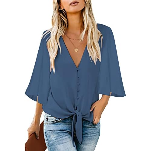 luvamia Women's Casual V Neck Tops 3-4 Sleeve Tie Knot Blouses Solid Button Down Shirts X-Large Riverside Blue