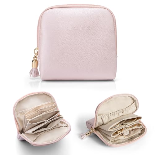 Vlando Travel Jewellery Organiser, Jewellery Pouch with Zipper, Velvet Lining Jewellery Bags for Rings, Bracelets & Necklaces,Pink-Lychee Grain C.pink