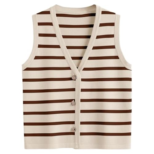 Women V Neck Sweater Vest Button Striped Knit Sleeveless Tops Summer Crop Crochet Tank Trendy Business Casual Outfits Apricot-coffee Medium
