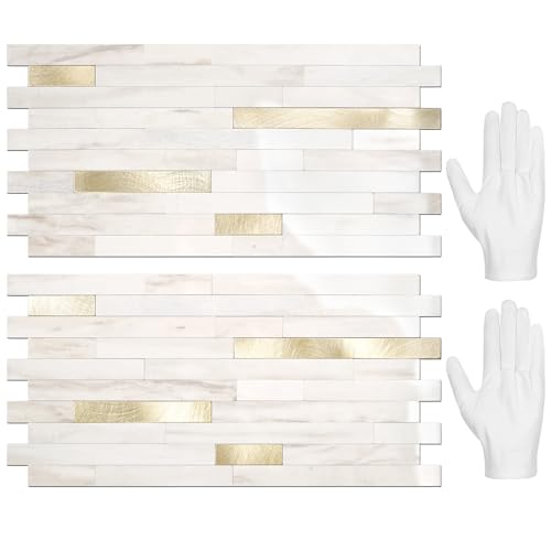 STICKGOO 20 Sheets Peel and Stick Backsplash Tile, Stick on Backsplash for Kitchen and Bathroom, Glossy Eurasian Wood Grain PVC Mixed Metal Gold Self