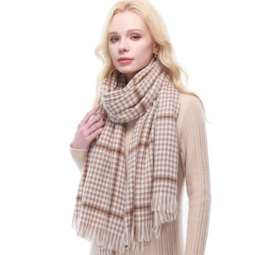 RIIQIICHY Plaid Scarf for Women Fall Winter Pashmina Scarves Wraps for Cold Weather Warm Large White-Light Tan-Beige