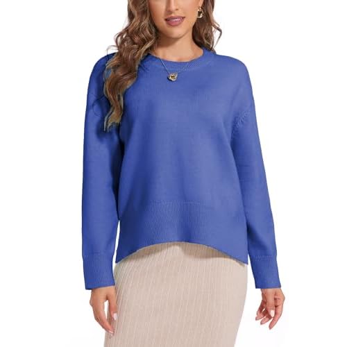 Women's Crewneck Long Sleeve Sweaters 2024 Fall Winter Loose Casual Ribbed Knit Side Slit Pullover Tops Royal Blue XX-Large