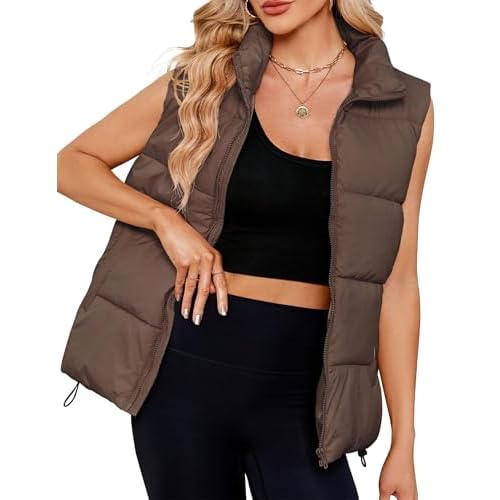 Women Quilted Puffer Vest Sleeveless Jacket Zip Up Stand collar Lightweight Outerwear with Pocket 2025 Trendy Plain Brown Small