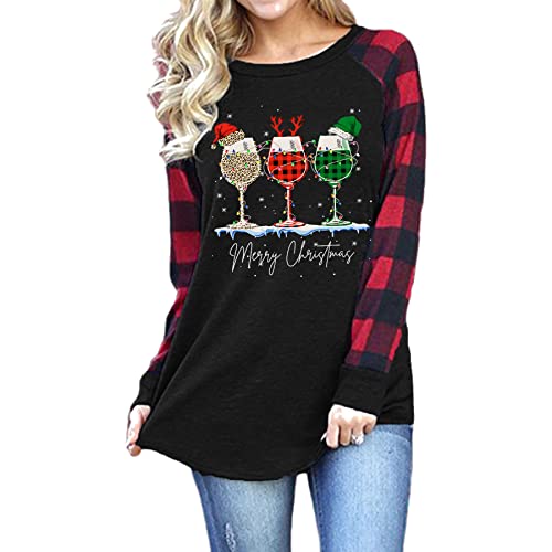 Fuyxxmer Merry Christmas Shirts for Women Wine Glass Christmas Hat Print Long Sleeve Plaid Splicing Raglan Baseball Tee Pattern C Medium