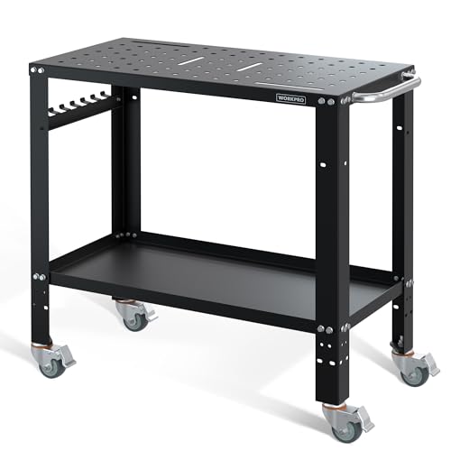 WORKPRO 36”×18” Welding Table, 1200 lbs Load Capacity, Nitriding Tabletop, Portable Welding Table with 5-8" Holes on Top, Welding Cart, Casters w