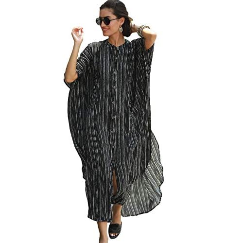 RanRui swimsuit cover up Black&White caftan caftans Women's Vneck short Sleeve kaftan dresses with pocket Caftans Stripe Black
