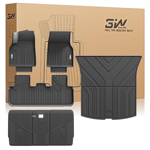 3W 2025 2026 Tesla Model Y Juniper Floor Mats with Rear Cargo Mat & Backrest Mat TPE Anti-Slip All Weather Accessories 1) Juniper Model Y|4PCS Mats|Ba