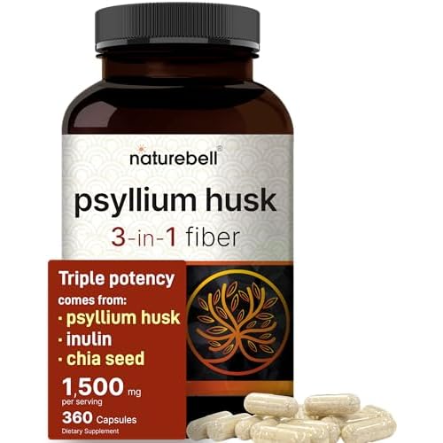 NatureBell Psyllium Husk Fiber Supplement, 1,500mg Per Serving, 360 Capsules | with Inulin & Chia Seed | Organic Soluble Fiber for Digestive & Gut Hea