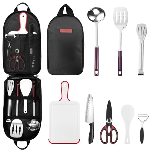 Odoland 8pcs Camping Kitchen Utensil Set, Cooking Utensil Organizer with Water Resistant Case for BBQ, Travel,Camping, Hiking, Cooking and Outdoor Act