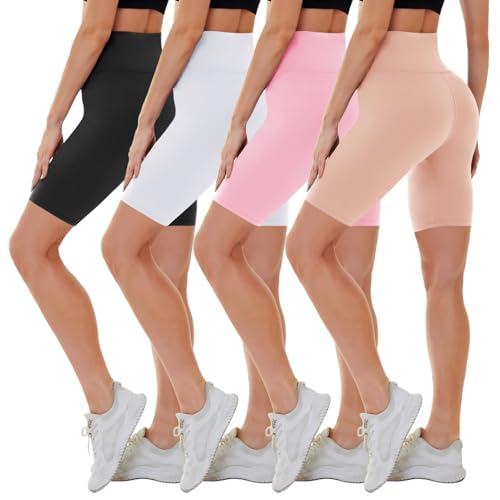 CAMPSNAIL 4 Pack Biker Shorts for Women High Waist - 5"-8" Tummy Control Soft Athletic Yoga Workout Running Gym Shorts 8 inch Large-X-Large Black-Whit