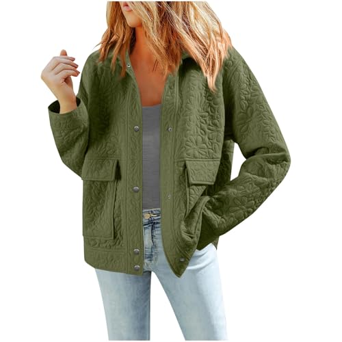PBNBP Womens Trendy Fall Shacket, Classic Collared Jacquard Trucker Jacket with Pockets, Casual Button Down Outerwear A02 Green XX-Large